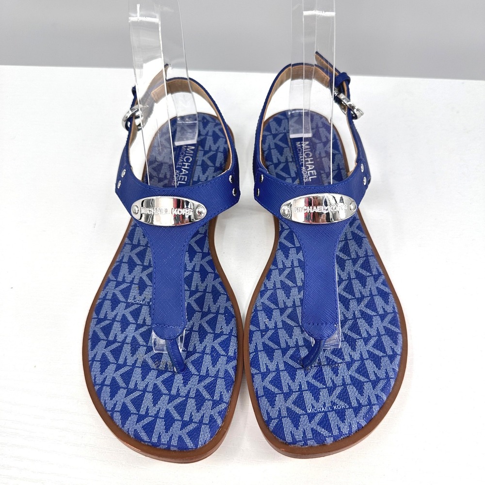 Michael Kors MK Plate Thong Sandals 6 Cobalt Blue Silver Signature Logo Footbed